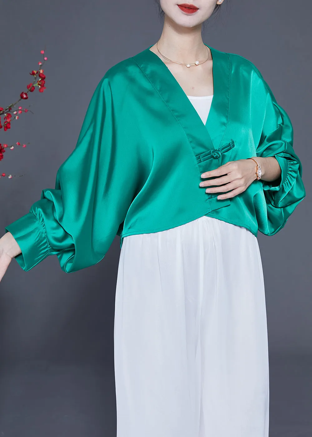Lake Green Oversized Silk Blouses V Neck Chinese Button Spring LY2333
