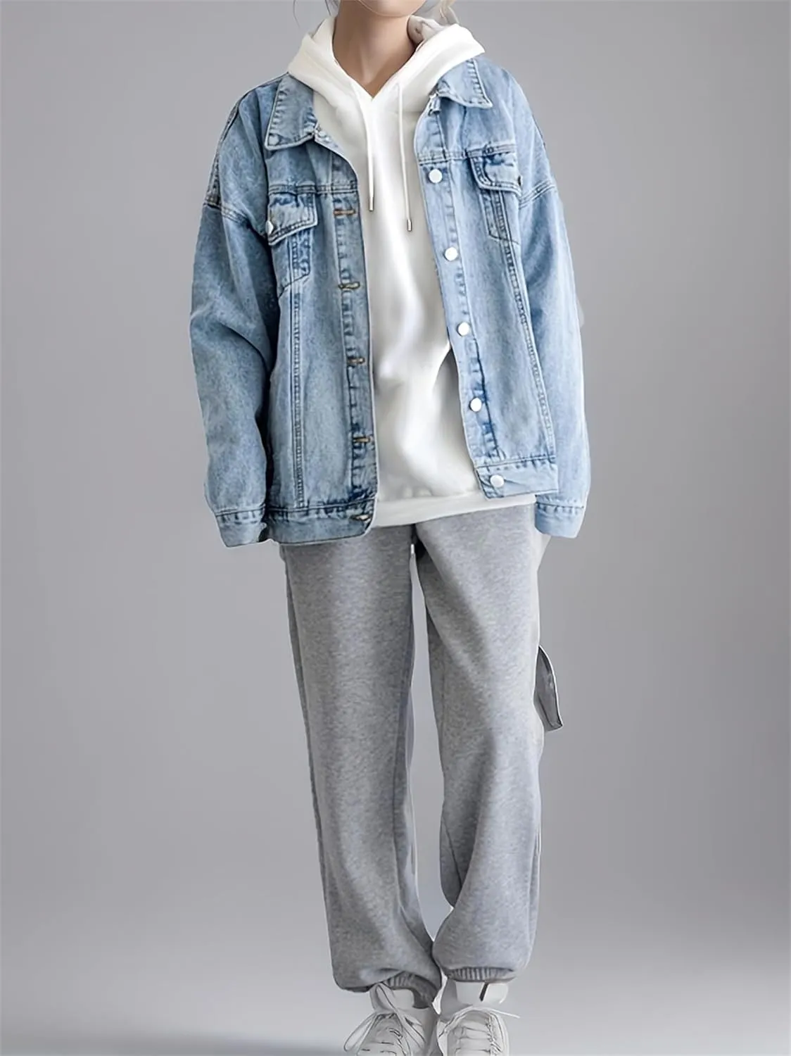 LifeShe Oversized Denim Jacket Women Boyfriend Long Jean Jacket Fall Loose Shacket Trucker Coats