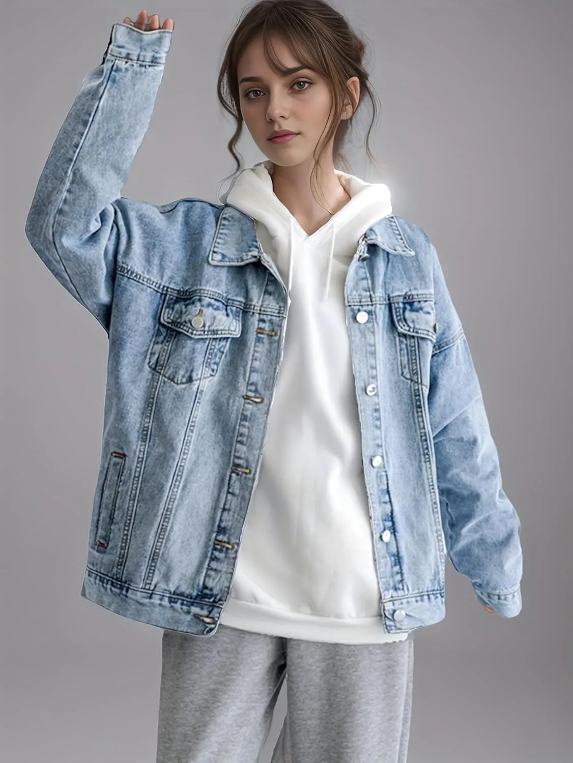 LifeShe Oversized Denim Jacket Women Boyfriend Long Jean Jacket Fall Loose Shacket Trucker Coats