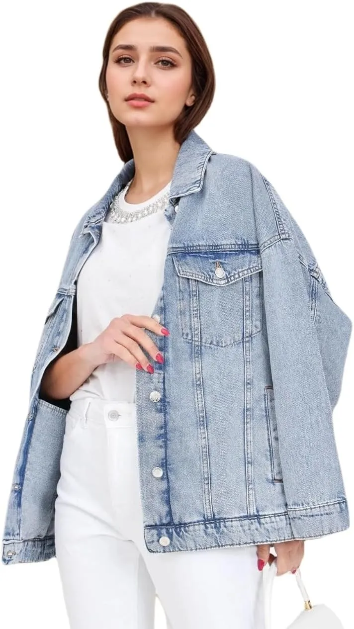 LifeShe Oversized Denim Jacket Women Boyfriend Long Jean Jacket Fall Loose Shacket Trucker Coats