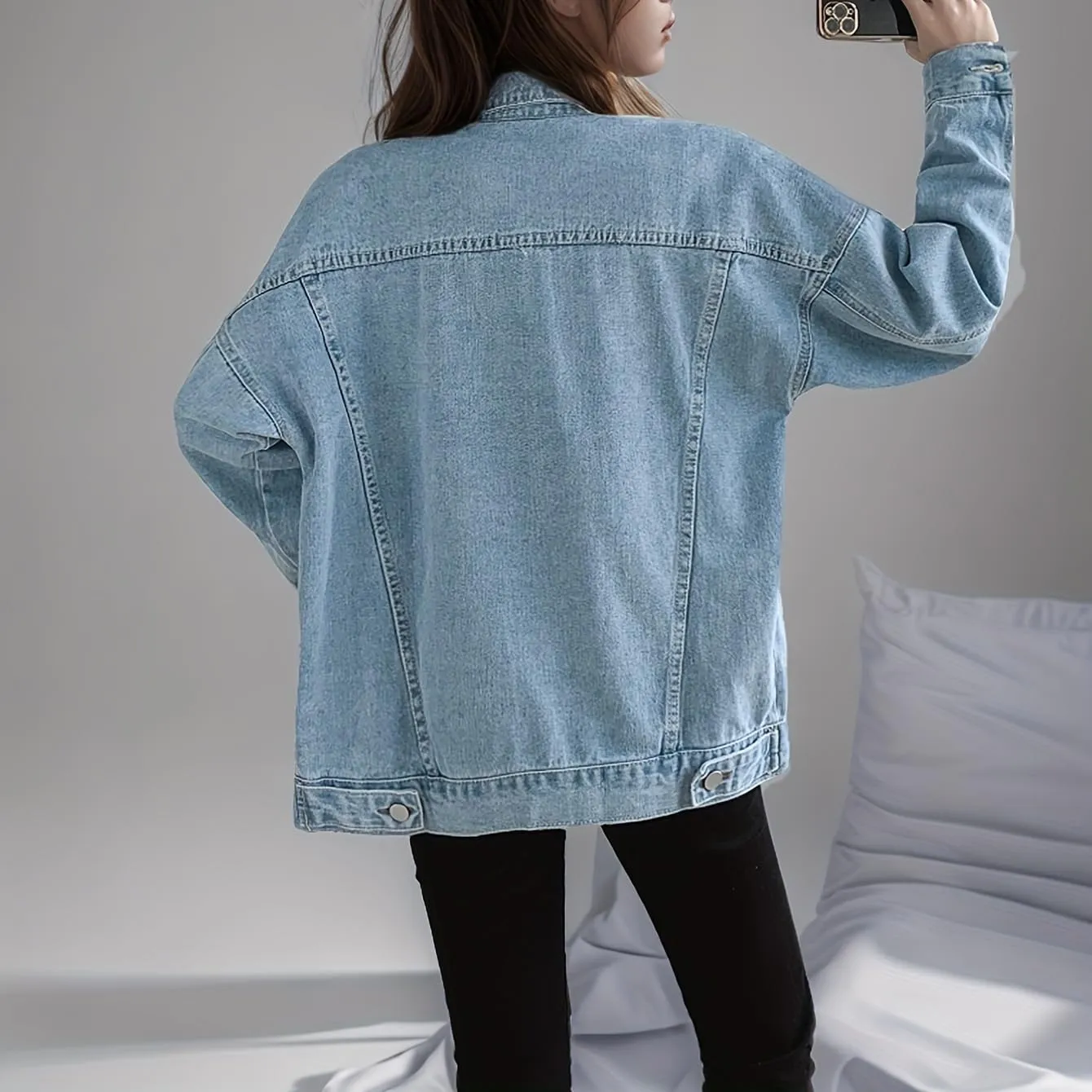 LifeShe Oversized Denim Jacket Women Boyfriend Long Jean Jacket Fall Loose Shacket Trucker Coats