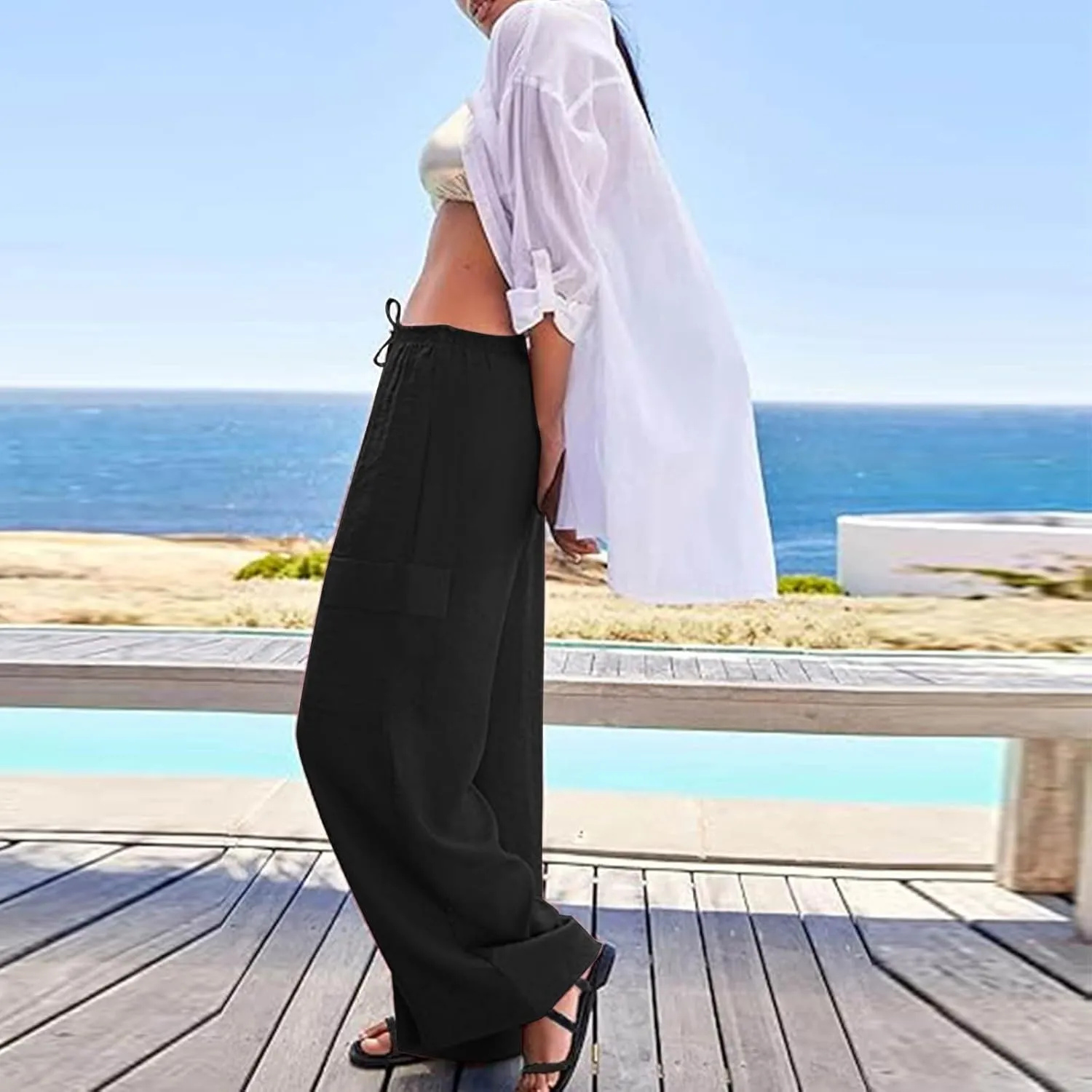 Linen Cargo Pants Women Summer Hiking Elastic High Waisted Wide Leg Trouser Beach Asual Baggy Palazzo Pants with Pockets