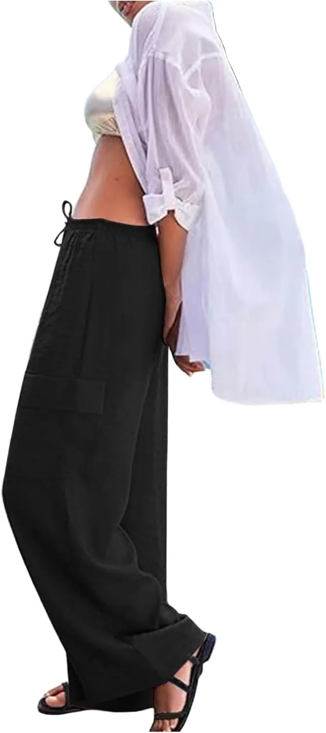 Linen Cargo Pants Women Summer Hiking Elastic High Waisted Wide Leg Trouser Beach Asual Baggy Palazzo Pants with Pockets