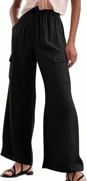 Linen Cargo Pants Women Summer Hiking Elastic High Waisted Wide Leg Trouser Beach Asual Baggy Palazzo Pants with Pockets