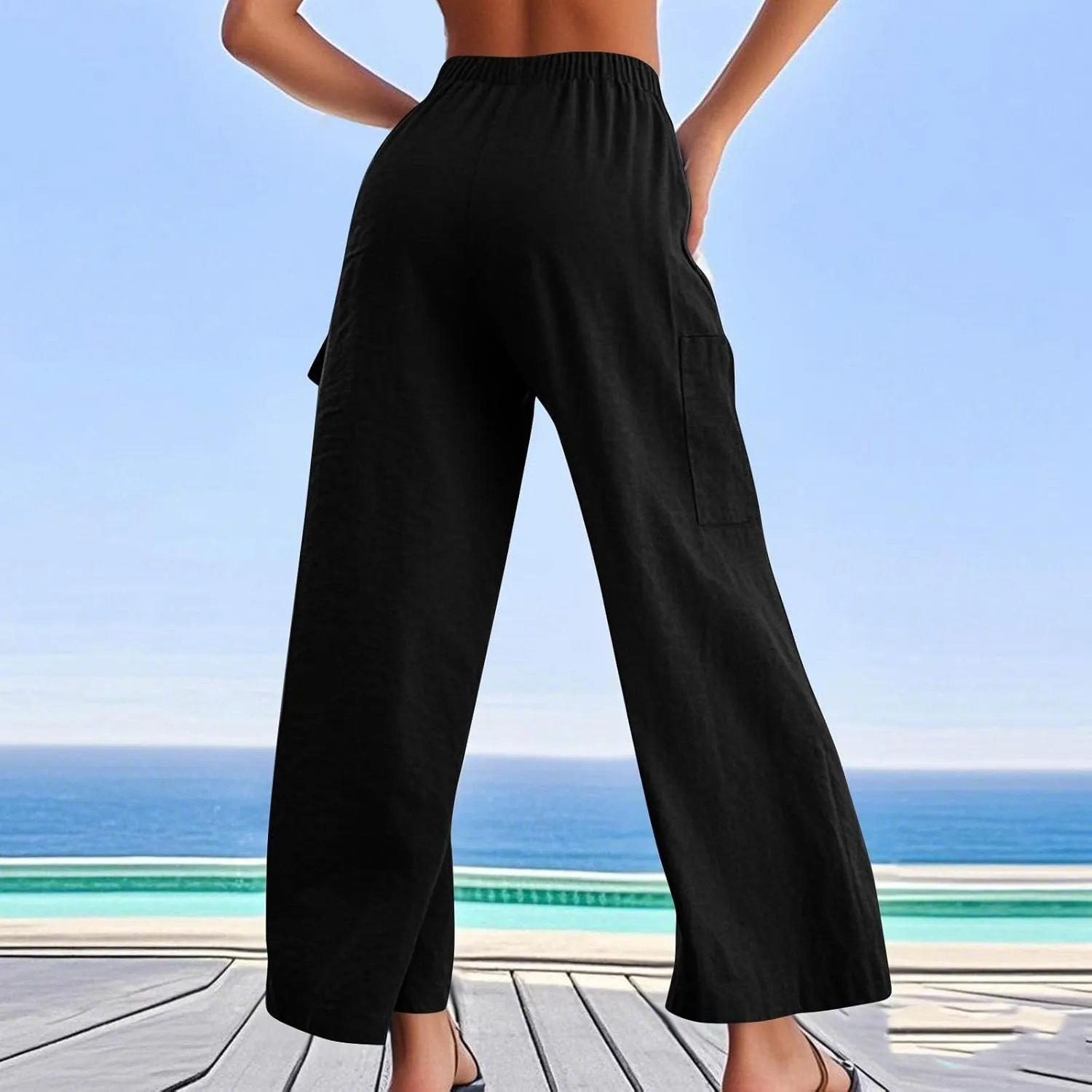 Linen Cargo Pants Women Summer Hiking Elastic High Waisted Wide Leg Trouser Beach Asual Baggy Palazzo Pants with Pockets
