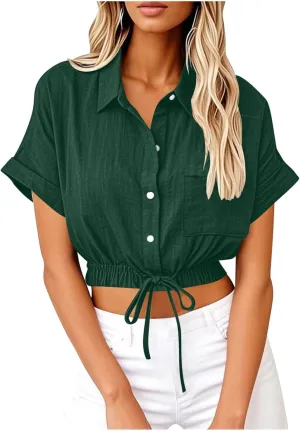 Linen Shirts for Women Casual Sexy Crop Tops Short Sleeve Button Down Blouses V Neck Loose Fit Trendy Tees Shirt
