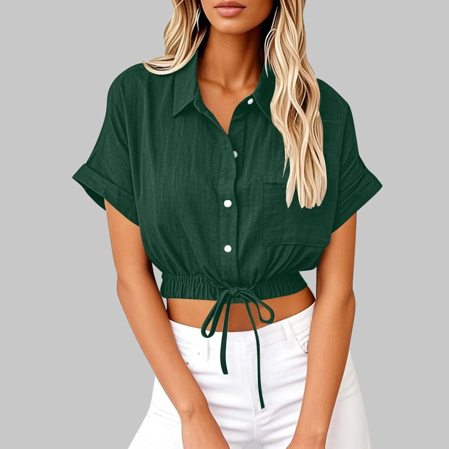 Linen Shirts for Women Casual Sexy Crop Tops Short Sleeve Button Down Blouses V Neck Loose Fit Trendy Tees Shirt