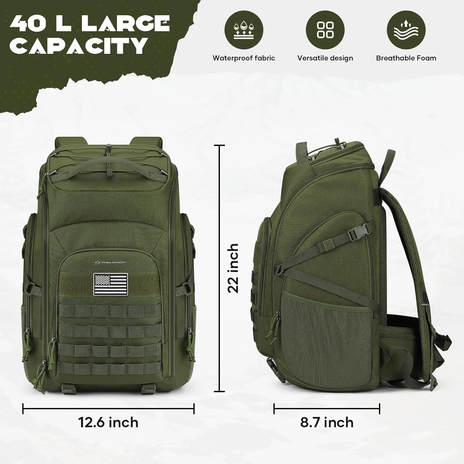 Maelstrom Tactical Backpack for Men, 40L Military Backpack,Water Resistant Assault Pack for Women, 3-Day Bug Out Bag for Hiking, Camping, Gym with Molle System-Army Green