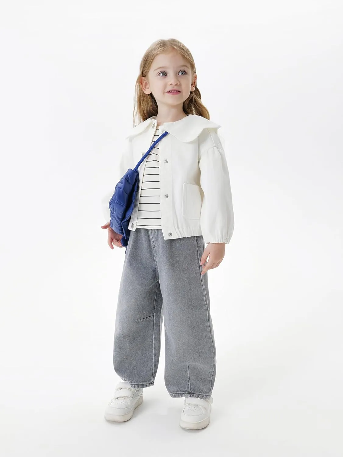 marc & janie Girls Lace Large Lapel Denim Jacket Bubble Sleeve Cotton Outerwear Kids Button Down Tops 250197