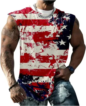 Mens Cotton Muscle Tank Tops American Flag Sleeveless Shirt Tops Oversized Sport Workout Crewneck Summer Top