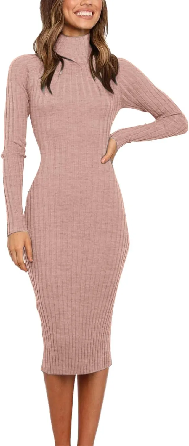 MEROKEETY Women's 2024 Ribbed Long Sleeve Sweater Dress High Neck Slim Fit Knitted Midi Dress