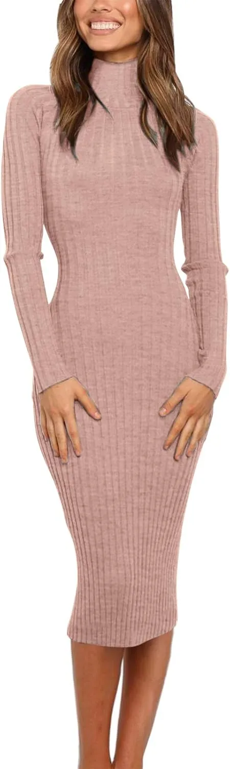 MEROKEETY Women's 2024 Ribbed Long Sleeve Sweater Dress High Neck Slim Fit Knitted Midi Dress