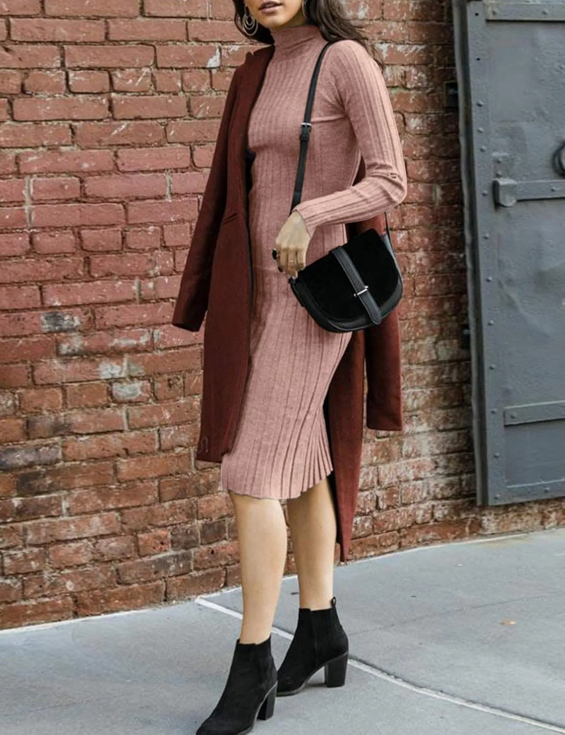 MEROKEETY Women's 2024 Ribbed Long Sleeve Sweater Dress High Neck Slim Fit Knitted Midi Dress