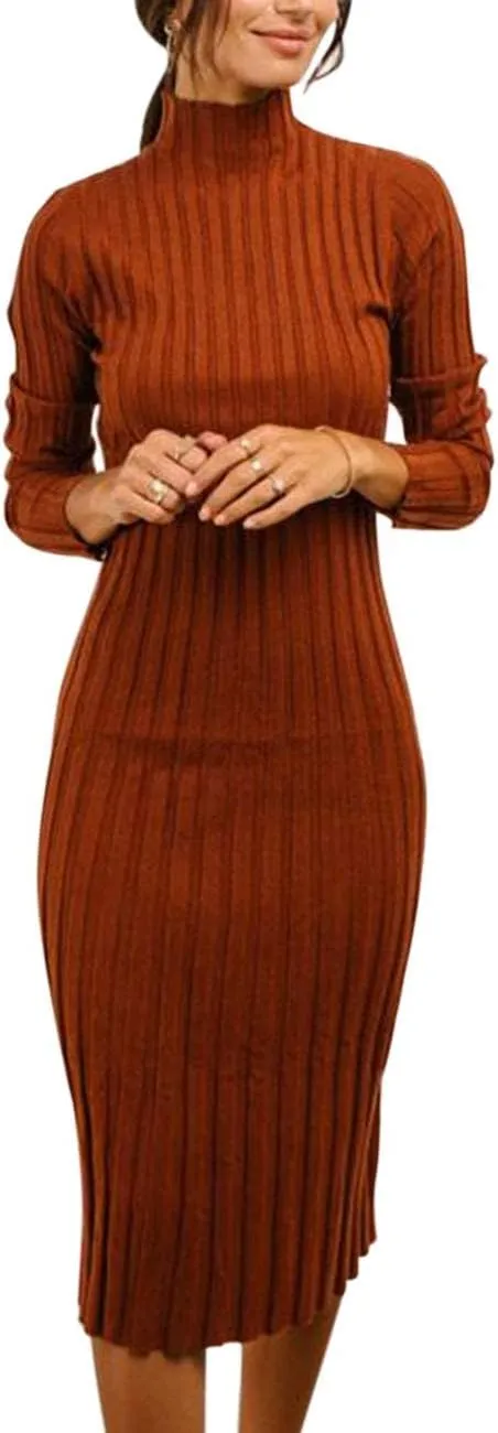 MEROKEETY Women's 2024 Ribbed Long Sleeve Sweater Dress High Neck Slim Fit Knitted Midi Dress