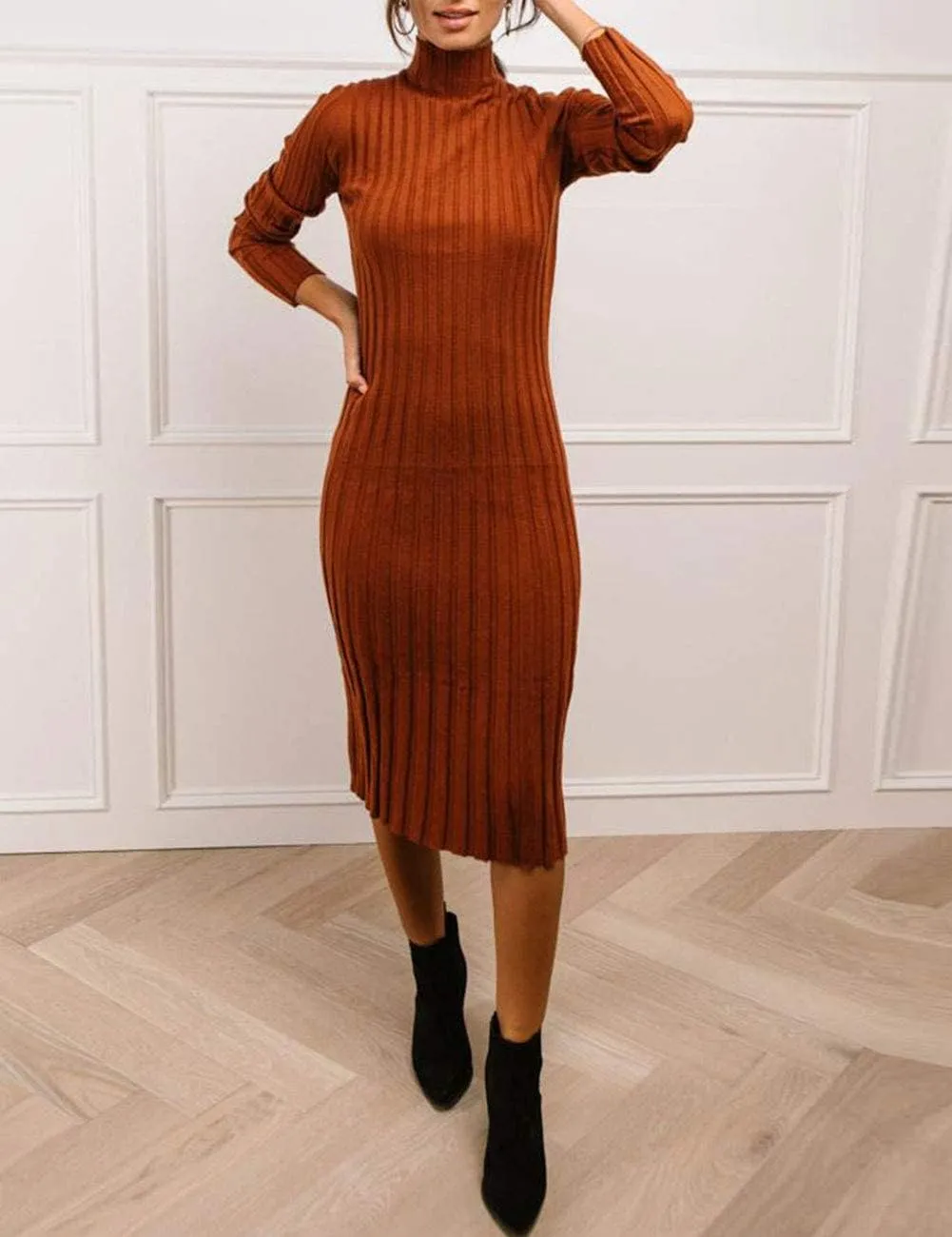 MEROKEETY Women's 2024 Ribbed Long Sleeve Sweater Dress High Neck Slim Fit Knitted Midi Dress