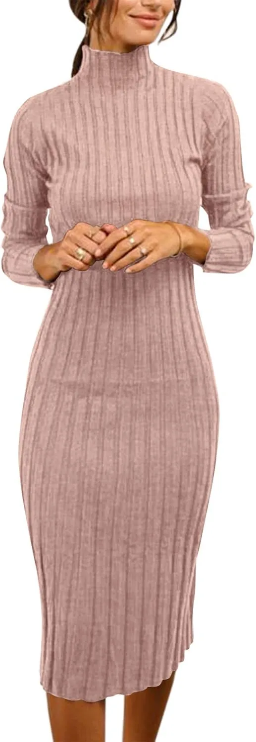 MEROKEETY Women's 2024 Ribbed Long Sleeve Sweater Dress High Neck Slim Fit Knitted Midi Dress