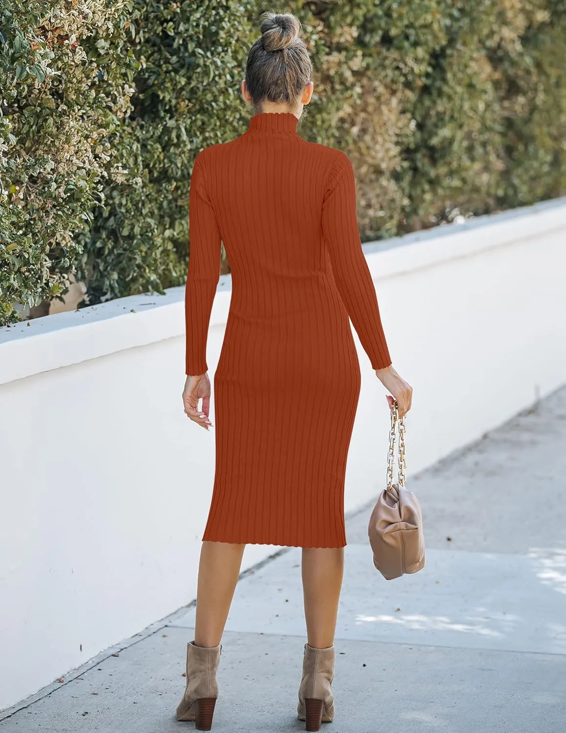 MEROKEETY Women's 2024 Ribbed Long Sleeve Sweater Dress High Neck Slim Fit Knitted Midi Dress