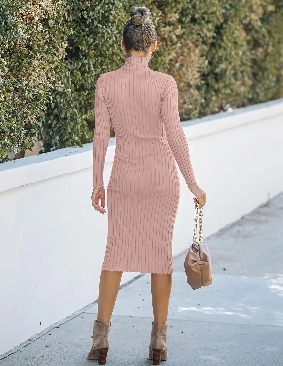 MEROKEETY Women's 2024 Ribbed Long Sleeve Sweater Dress High Neck Slim Fit Knitted Midi Dress