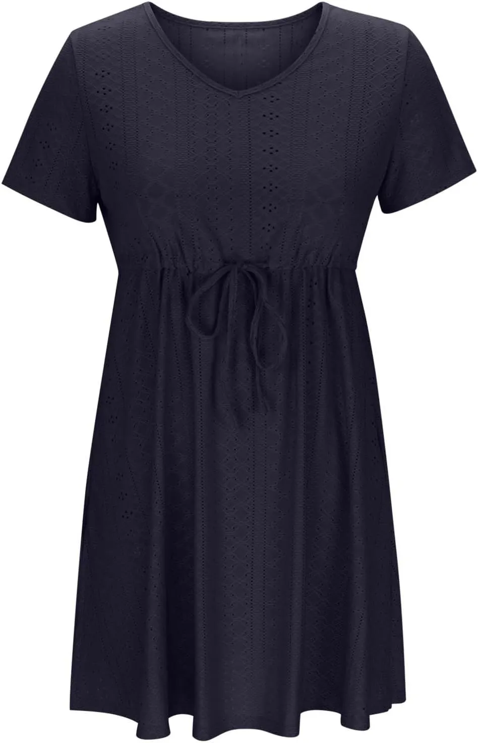 Oplxuo Women Short Sleeve Eyelet Embroidery Mini Dress V-Neck Drawstring Waist Summer Casual Sundress Vacation Beach Dresses