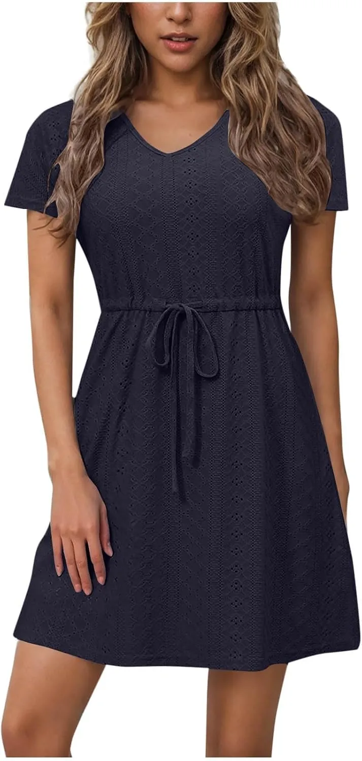 Oplxuo Women Short Sleeve Eyelet Embroidery Mini Dress V-Neck Drawstring Waist Summer Casual Sundress Vacation Beach Dresses