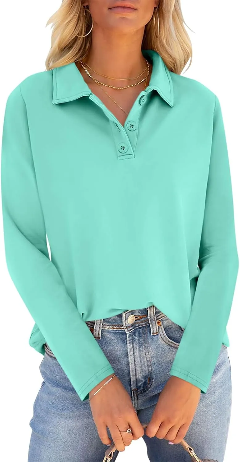 PGANDS Women's Long Sleeve Collared Polo Shirts V Neck Button Down Casual Tops