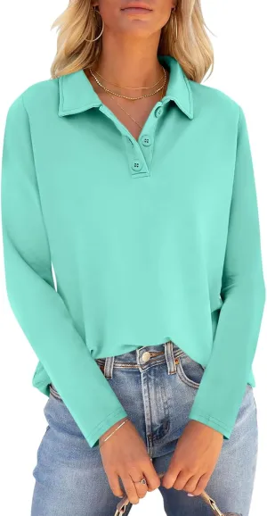 PGANDS Women's Long Sleeve Collared Polo Shirts V Neck Button Down Casual Tops