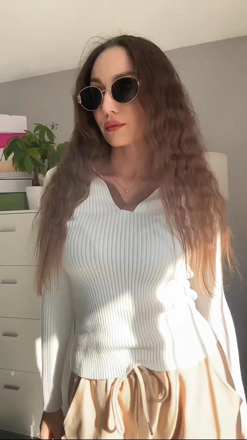 Poetsky Women's Long Sleeve V Neck Shirts 2024 Fall Ribbed Knit Sweater Slim Fit Basic Casual Tee Tops