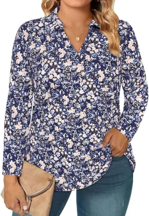 RITERA Plus Size Polo Shirts for Women Fall Long Sleeve V Neck Tops Casual Collared Blouses XL-5XL