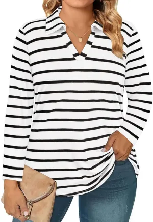 RITERA Plus Size Polo Shirts for Women Fall Long Sleeve V Neck Tops Casual Collared Blouses XL-5XL