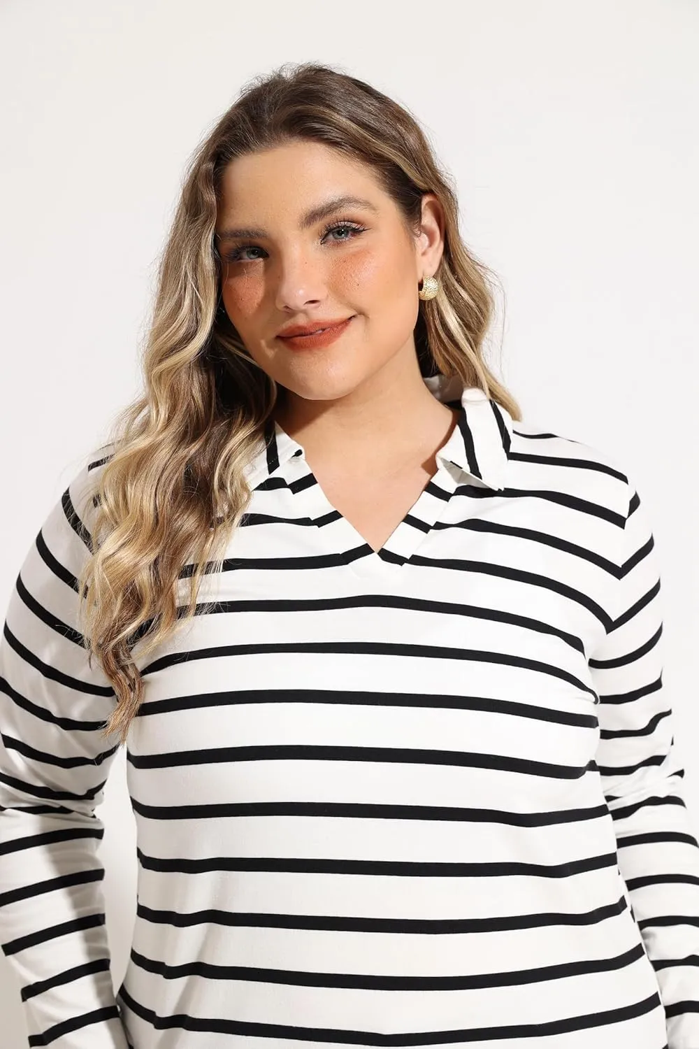 RITERA Plus Size Polo Shirts for Women Fall Long Sleeve V Neck Tops Casual Collared Blouses XL-5XL