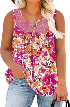ROSRISS Plus-Size Tank Tops Summer Sleeveless Henley V-Neck Shirts Buttons Up Lace Pleated Flowy Tunics