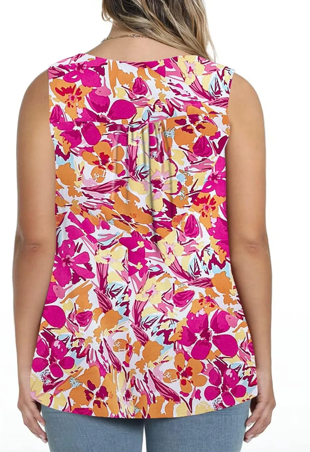 ROSRISS Plus-Size Tank Tops Summer Sleeveless Henley V-Neck Shirts Buttons Up Lace Pleated Flowy Tunics