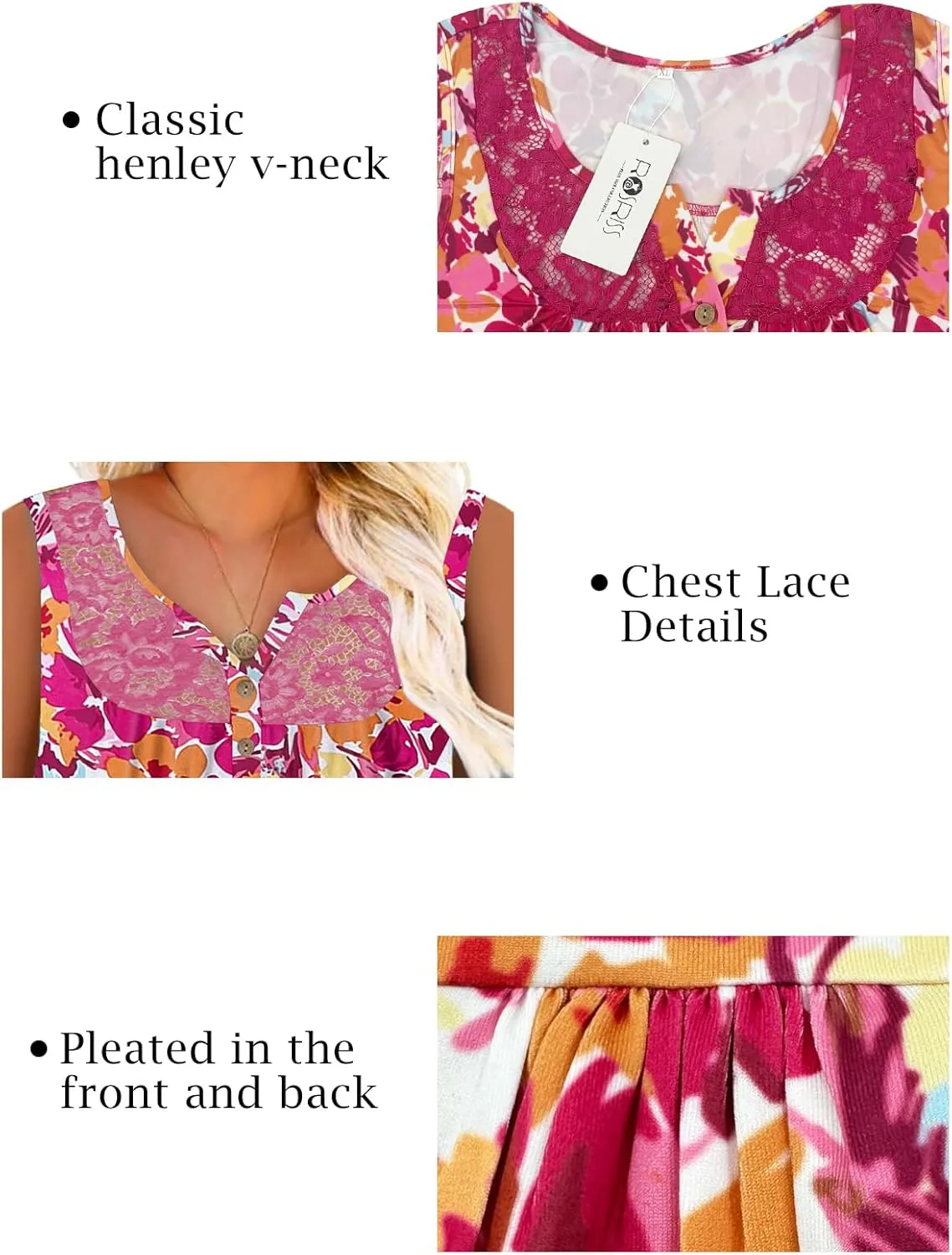 ROSRISS Plus-Size Tank Tops Summer Sleeveless Henley V-Neck Shirts Buttons Up Lace Pleated Flowy Tunics
