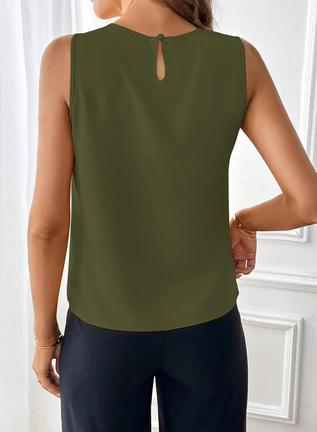 Samefar Womens Summer Tank Tops Pleated Crewneck Casual Loose Chiffon Blouses Sleeveless Tops Business Work Shirts