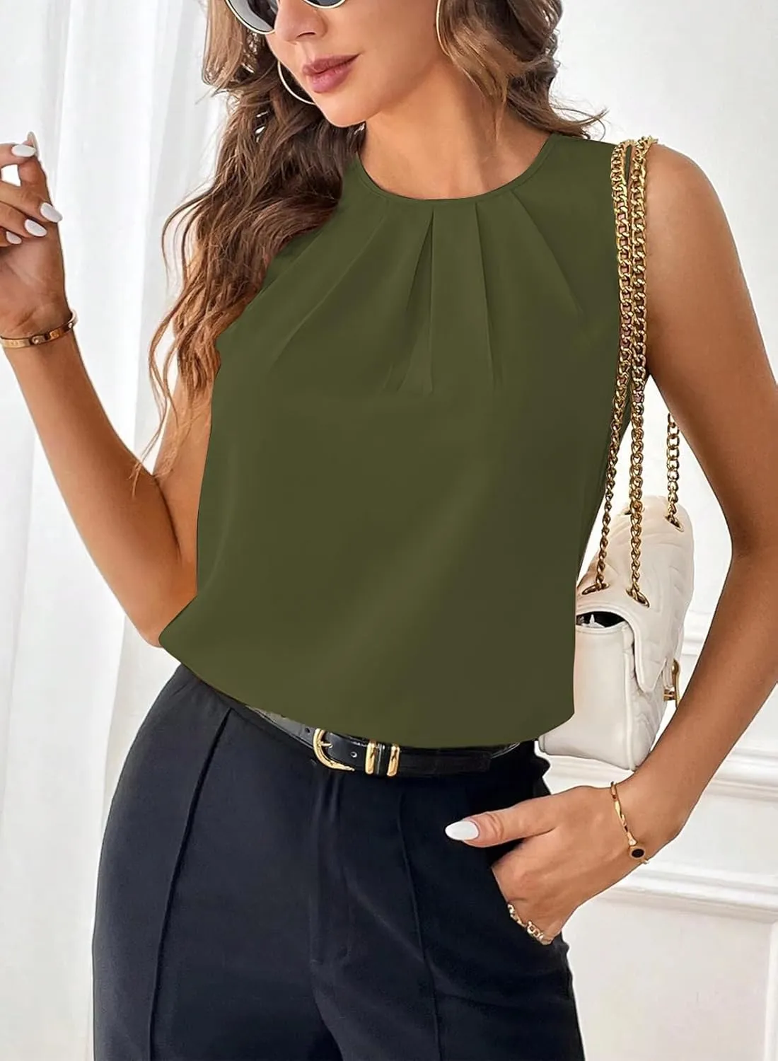 Samefar Womens Summer Tank Tops Pleated Crewneck Casual Loose Chiffon Blouses Sleeveless Tops Business Work Shirts