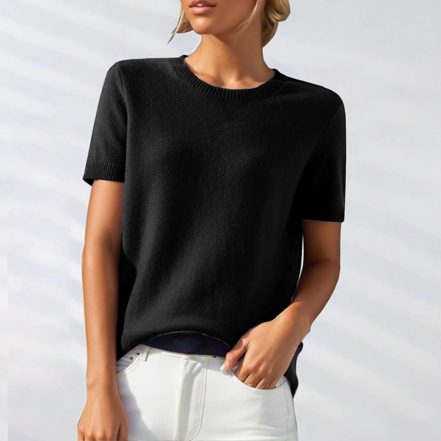 Short Sleeve Sweater Tops for Women Cute Lightweight Crew Neck T Shirts Plain Relaxed Fit Business Casual Tops