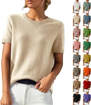 Short Sleeve Sweater Tops for Women Cute Lightweight Crew Neck T Shirts Plain Relaxed Fit Business Casual Tops