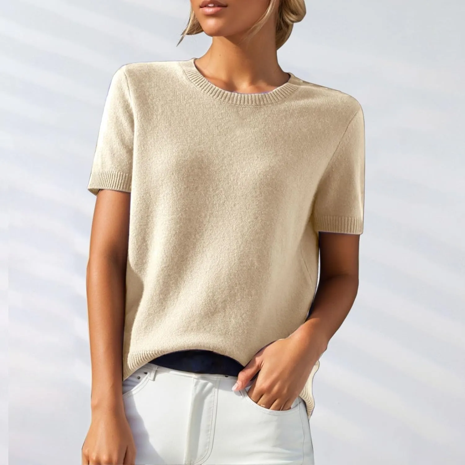 Short Sleeve Sweater Tops for Women Cute Lightweight Crew Neck T Shirts Plain Relaxed Fit Business Casual Tops