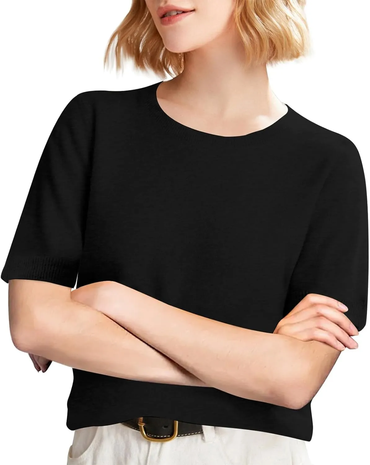 Short Sleeve Sweater Tops for Women Cute Lightweight Crew Neck T Shirts Plain Relaxed Fit Business Casual Tops