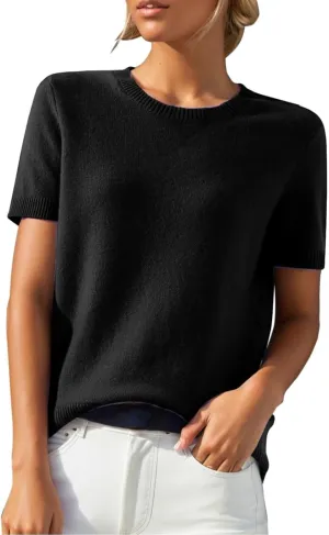 Short Sleeve Sweater Tops for Women Cute Lightweight Crew Neck T Shirts Plain Relaxed Fit Business Casual Tops