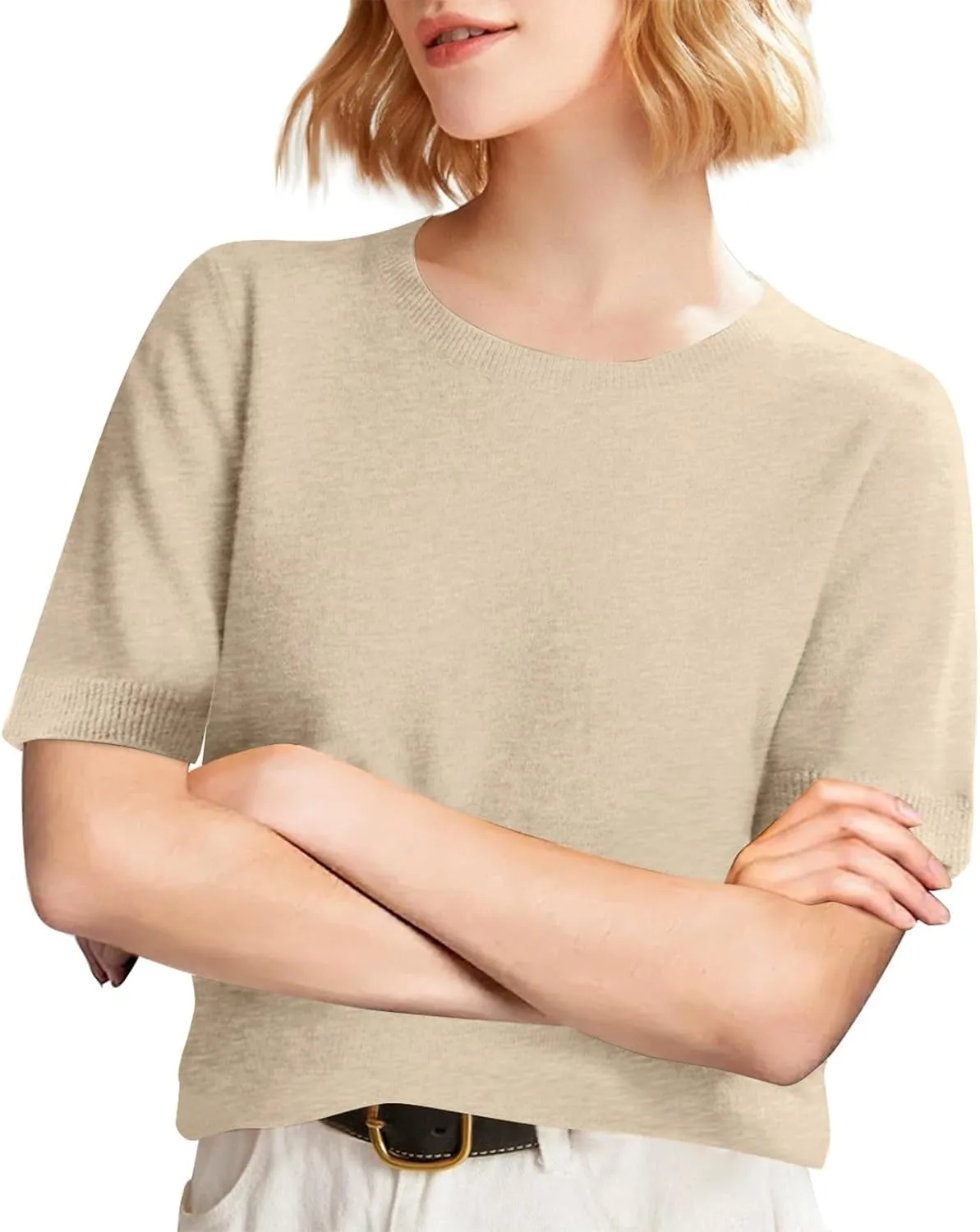 Short Sleeve Sweater Tops for Women Cute Lightweight Crew Neck T Shirts Plain Relaxed Fit Business Casual Tops
