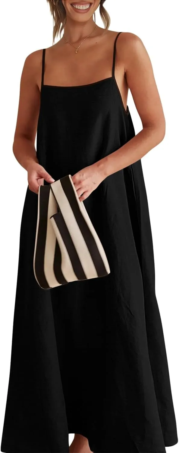Shy Velvet Women's 2025 Summer Linen Maxi Dress Contrast Spaghetti Strap Dress Backless Sleeveless Casual Party Beach Dresses