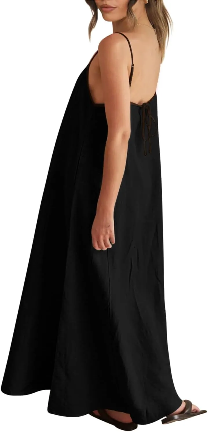 Shy Velvet Women's 2025 Summer Linen Maxi Dress Contrast Spaghetti Strap Dress Backless Sleeveless Casual Party Beach Dresses