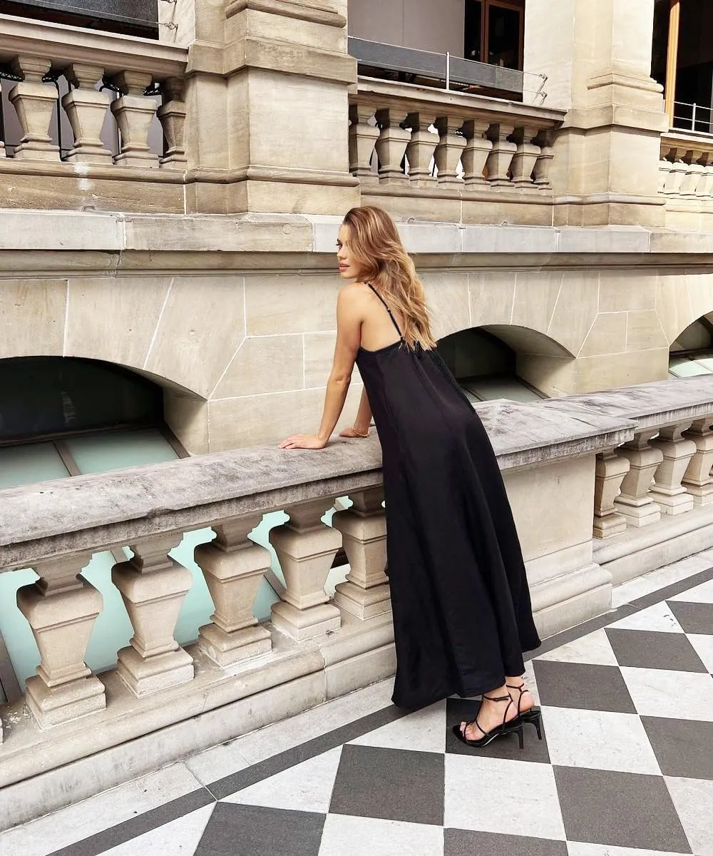Shy Velvet Women's 2025 Summer Linen Maxi Dress Contrast Spaghetti Strap Dress Backless Sleeveless Casual Party Beach Dresses