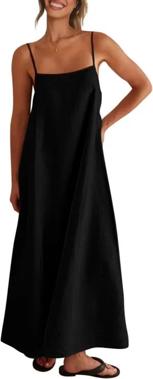 Shy Velvet Women's 2025 Summer Linen Maxi Dress Contrast Spaghetti Strap Dress Backless Sleeveless Casual Party Beach Dresses
