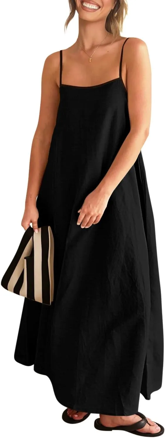 Shy Velvet Women's 2025 Summer Linen Maxi Dress Contrast Spaghetti Strap Dress Backless Sleeveless Casual Party Beach Dresses