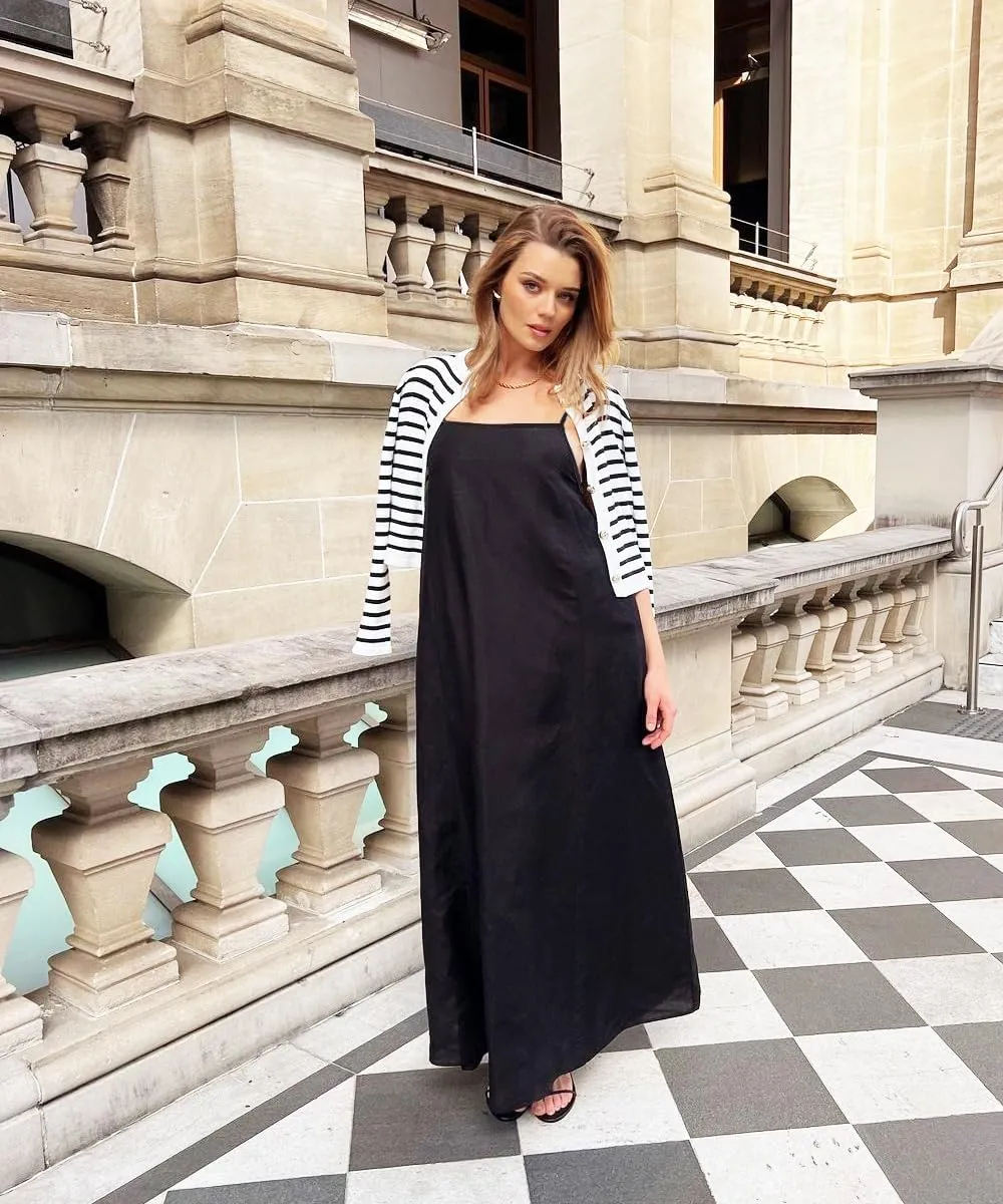 Shy Velvet Women's 2025 Summer Linen Maxi Dress Contrast Spaghetti Strap Dress Backless Sleeveless Casual Party Beach Dresses