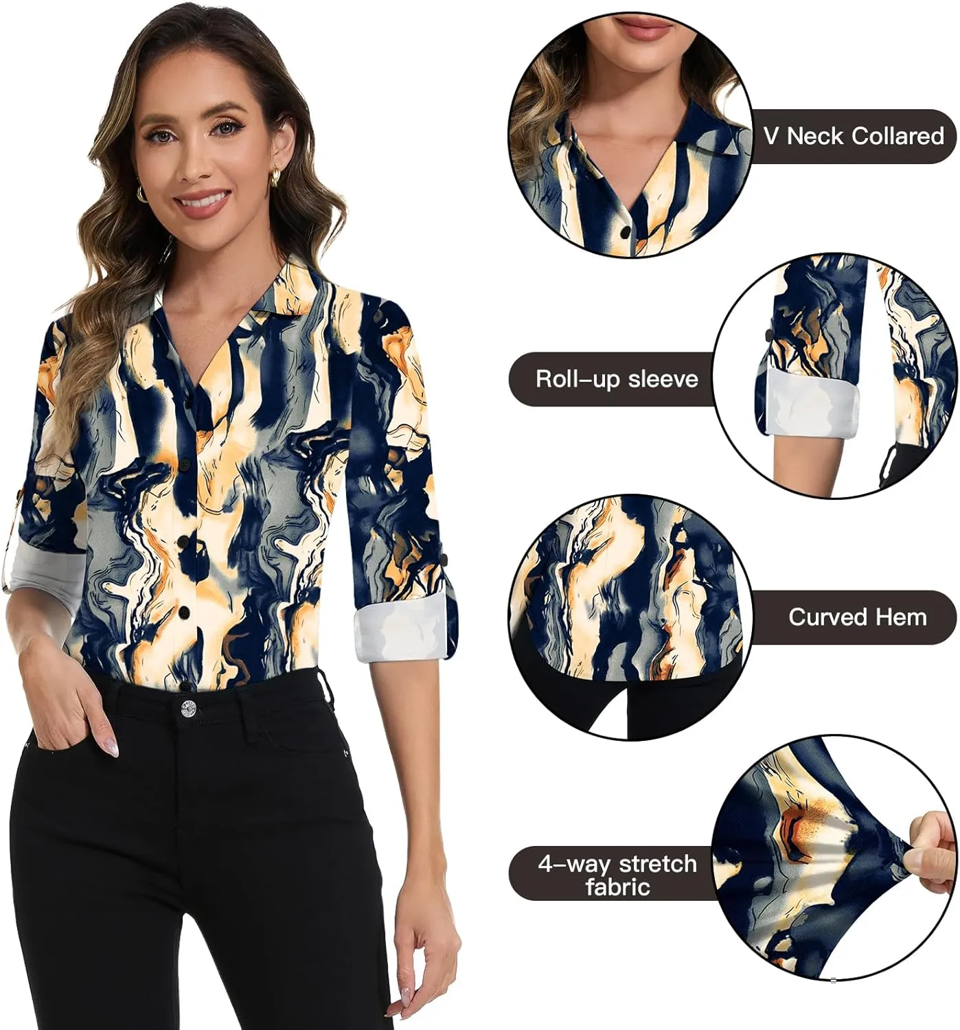 Soneven Womens 3/4 Roll Sleeve Golf Polo Shirts V Neck Long Sleeve Button Up Shirts Business Casual Tops Work Blouses