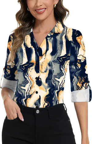 Soneven Womens 3/4 Roll Sleeve Golf Polo Shirts V Neck Long Sleeve Button Up Shirts Business Casual Tops Work Blouses