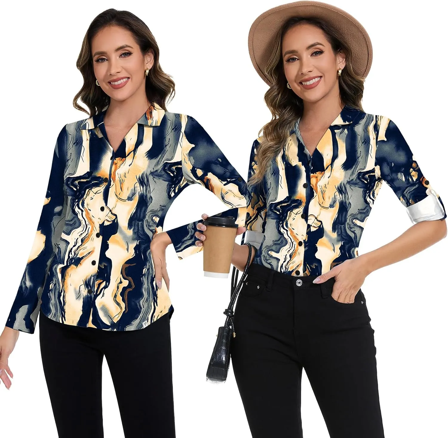 Soneven Womens 3/4 Roll Sleeve Golf Polo Shirts V Neck Long Sleeve Button Up Shirts Business Casual Tops Work Blouses
